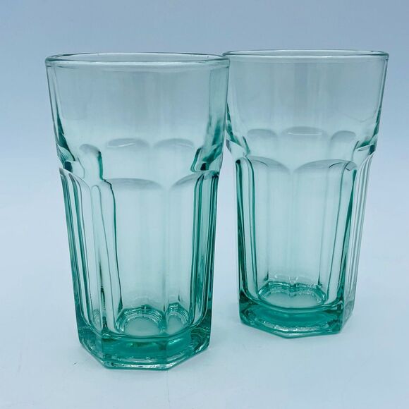 PAir of Green Glass LIBBEY 4.6" Heptagon Base Juice Glasses - Picture 1 of 8